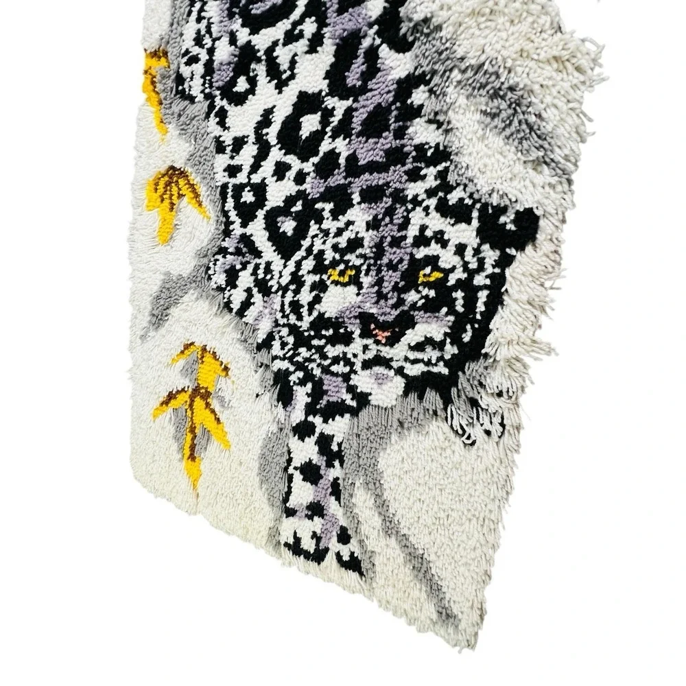 Retro Snow Leopard Latch Hook Wall Hanging Shag Rug Pop Art MCM 70s Maximalist